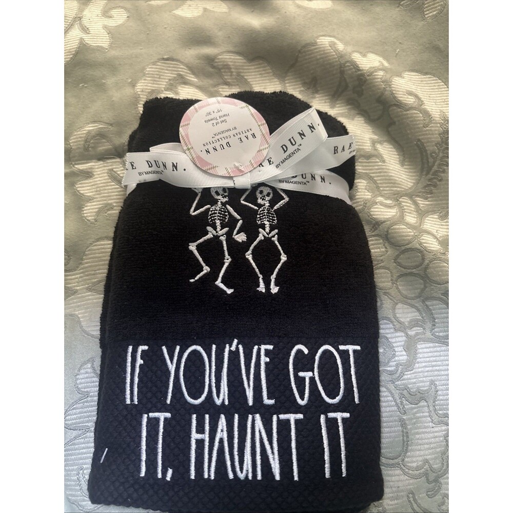 Rae Dunn Halloween Hand Towels “If You’ve Got It Haunt It” Skeleton Decor